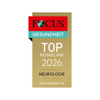 Goldenes Siegel des Magazin Focus mit dem Text: FOCUS Gesundheit, TOP Rehaklinik 2026, Neurologie, focus-gesundheit.de